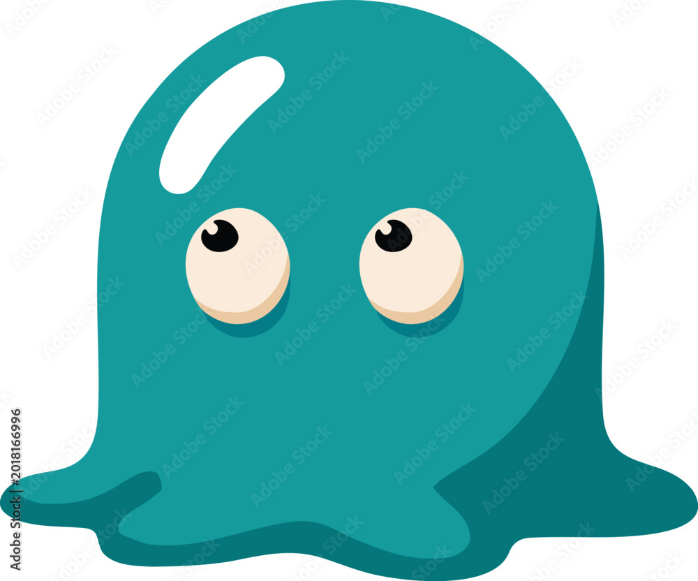 Fototapeta premium Teal glossy blob creature with upward eyes illustration