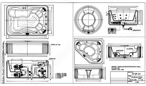 Konstfotografi Detailed hot tub blueprint vector set with jets seating and plumbing system tech