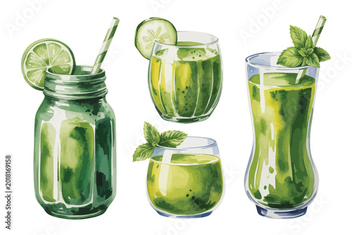 Schilderij op canvas Watercolor Healthy Smoothie Clipart, Green Detox Drink Illustration, Wellness Be