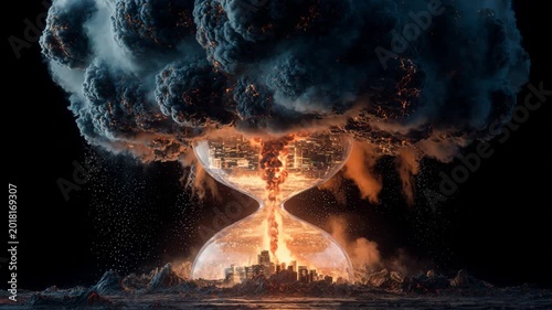 Apocalyptic explosion destroying a city inside an hourglass, representing the end of time