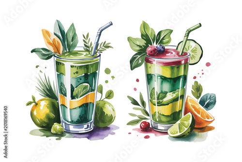 Canvastavla Watercolor Healthy Smoothie Clipart, Green Detox Drink Illustration, Wellness Be