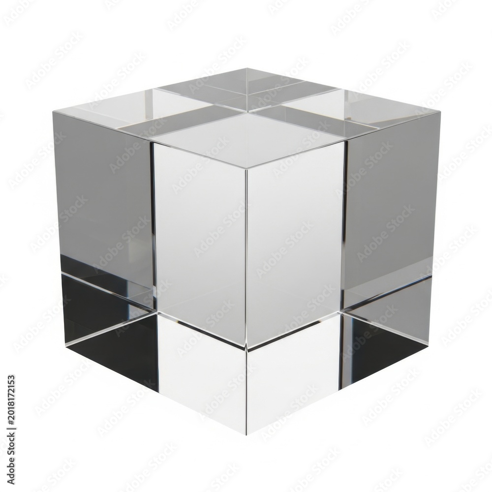 Fototapeta premium Transparent glass cube reflecting light isolated on a white background, for geometric composition