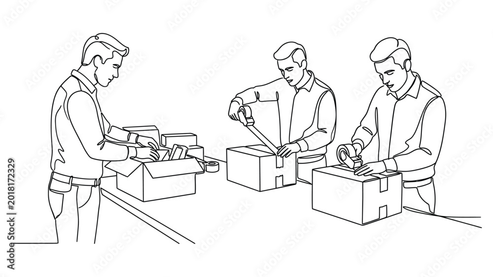 Fototapeta premium continuous line art Three workers assembling boxes in a factory.