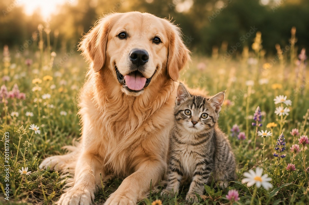 Fototapeta premium Golden Retriever and Kitten in Wildflower Meadow at Sunset Cute Animal Friendship Nature Photo