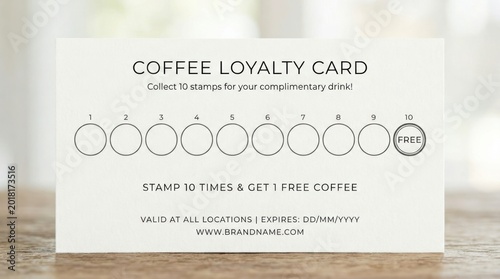 Coffee loyalty card with 10 stamp punch design for free drink