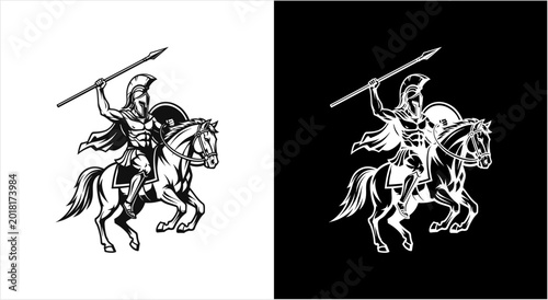 Bild auf Leinwand Ancient Warrior on Horseback with Spear.