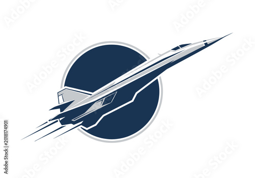Modern supersonic jet airplane graphic flying over blue circle