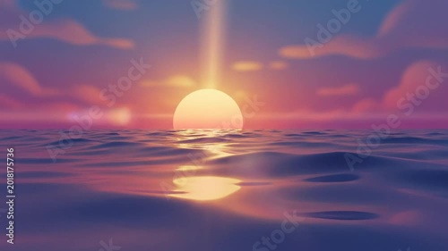 Tranquil ocean sunset over the rippling water reflecting the vibrant orange and purple sky with warm tones