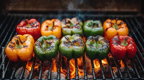 Colorful peppers grilling on hot coals