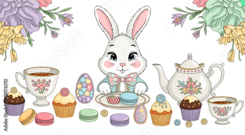 Set of colorful easter eggs with animal faces and floral patterns in spring theme Vector