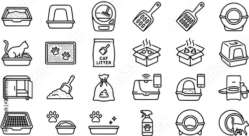 Black and White Line Art Icons Set of Cat Litter Boxes and Pet Hygiene Supplies for Animal Care and Home Cleaning
