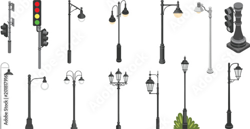 Bild auf Leinwand Isometric street light collection, urban traffic lamp post set, city illuminatio