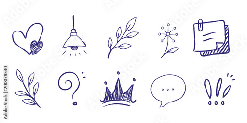 Hand drawn doodle icon collection with heart leaf crown speech bubble and decorative elements vector illustration
