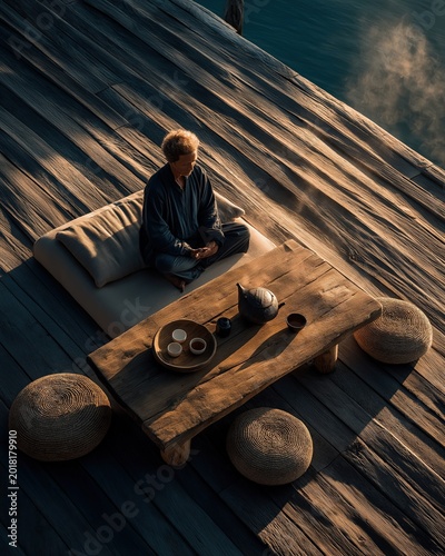 A person meditates peacefully on a wooden deck beside a low table set with tea items, bathed in warm, soft light near water.