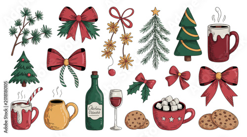 Tableau sur toile Set of colorful winter holiday icons with trees, gifts, ornaments, and festive d