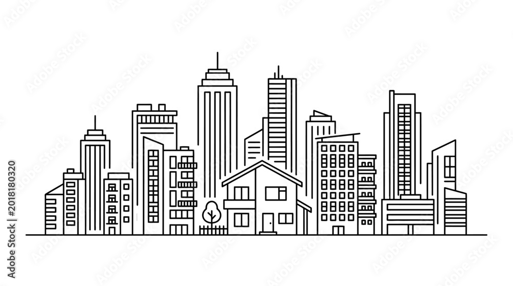 Obraz premium Modern city skyline illustration with diverse architectural buildings in line art style