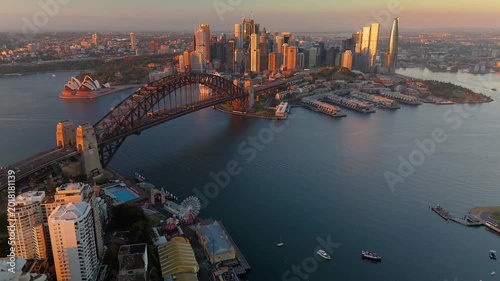 Aerial drone view of Sydney City from above Sydney Harbour and Harbour Bridge, NSW Australia on a sunny early morning in May 2026 