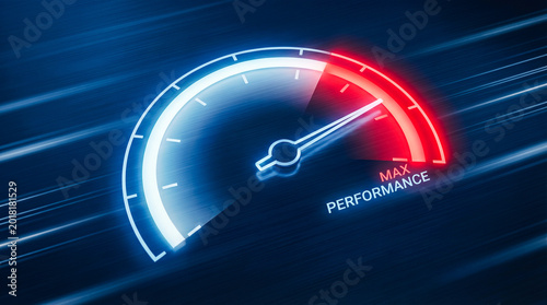 Obraz na płótnie high speed maximum performance concept abstract glowing speedometer tachometer dashboard dial metallic texture background fast acceleration power modern technology interface measurement