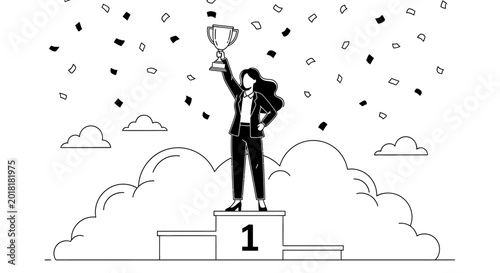 Slika na platnu Person standing on a podium holding a trophy in celebration under confetti
