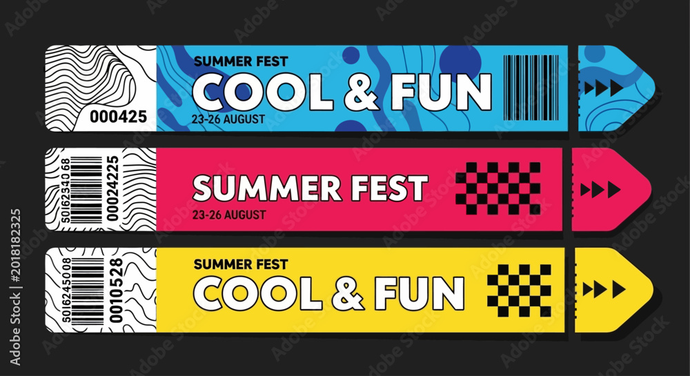 Φωτογραφία Colorful summer festival tickets with barcode and checkered pattern on display