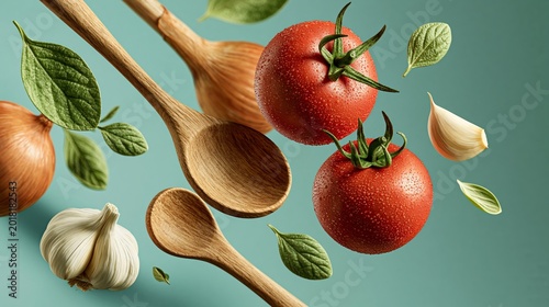 Fresh tomatoes, garlic, and herbs float above wooden spoons. Vibrant red fruit and pungent white bulbs suggest flavorful cooking. Green leaves drift through the air with gentle motion