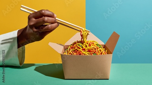 Hand lifts noodles from cardboard box. Colorful pasta drapes from chopsticks. Bright yellow and teal background. Simple, modern food presentation. Appeal to fast, convenient meals