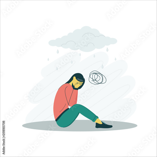 Flat Illustration Mental Depression, A somber flat illustration of a lonely character sitting under a dark cloud, representing the weight and isolation of mental depression.