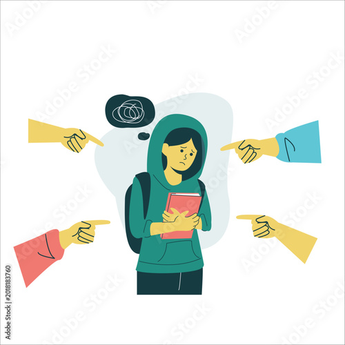 Flat Illustration Bullying person, A conceptual flat vector illustration depicting the power imbalance and emotional distress caused by bullying in a social environment.
