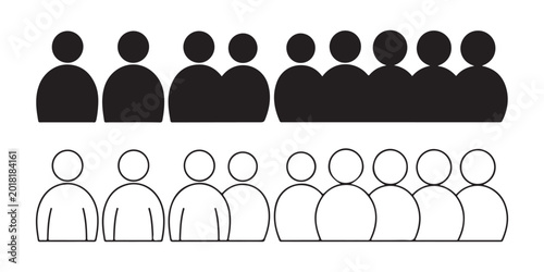 Foto Group and individual person icon set with solid black silhouettes and thin line profile illustrations