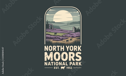 Obraz na płótnie North York Moors National Park vintage travel poster with heather moorland lands