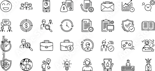 Billede på lærred Large set of business and management line icons featuring teamwork financial analysis time tracking and leadership concepts vector