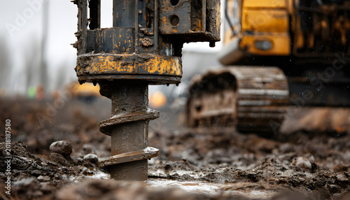 Screw piles are being drilled into wet soil for foundation. Heavy equipment is operating on the construction site. The earthwork process is for supporting the building.