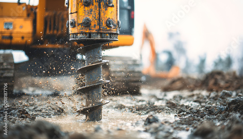 To support the building, the earthwork process involves drilling screw piles into wet soil.