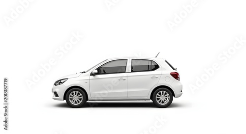 White hatchback car, compact vehicle, side view, silver wheels, modern design