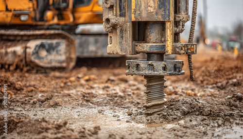 To support the building, screw piles are being drilled into wet soil. Heavy equipment is operating on the construction site.