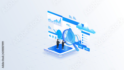 Obraz na płótnie Isometric stock market analysis concept with data charts, magnifying glass, analyzing financial dashboard and buy sell trading interface