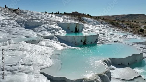 Breathtaking aerial view of Pamukkale Turkey's stunning white travertine terraces and mineral-rich turquoise thermal pools