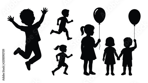 Canvastavla Group of children jumping running and holding balloons black silhouette high qua