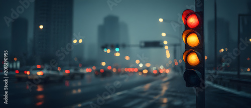 Cinematic Urban Road Scene with Traffic Lights and Raindrops at Twilight