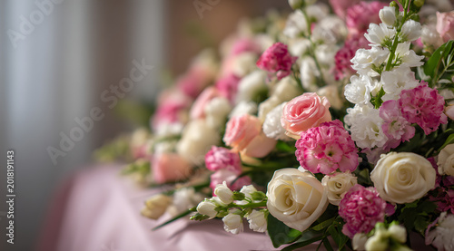 Elegant floral arrangement for a funeral service in a mortuary setting. Respectful sympathy composition for remembrance, memorial, and condolence themes. Soft blossoms and solemn styling in a calm set