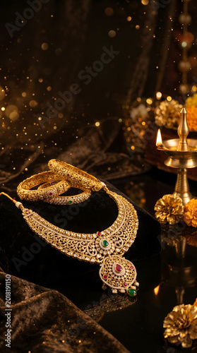 Traditional gold jewelry set with necklace and bangles