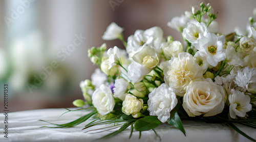 A respectful sympathy composition featuring soft blossoms and solemn styling can be found in an elegant floral arrangement for a funeral service in a mortuary setting.