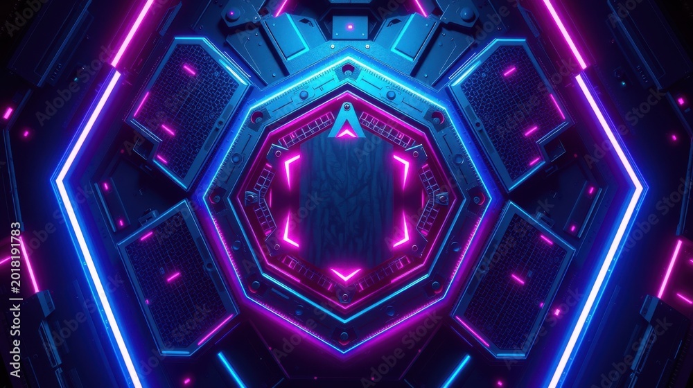 Fototapeta premium Hexagonal tunnel glows with neon lights. Futuristic design features complex metallic structure, dark background enhances vibrant colors.