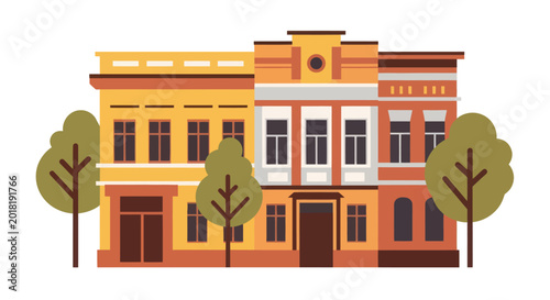 Flat illustration of colorful city buildings with trees