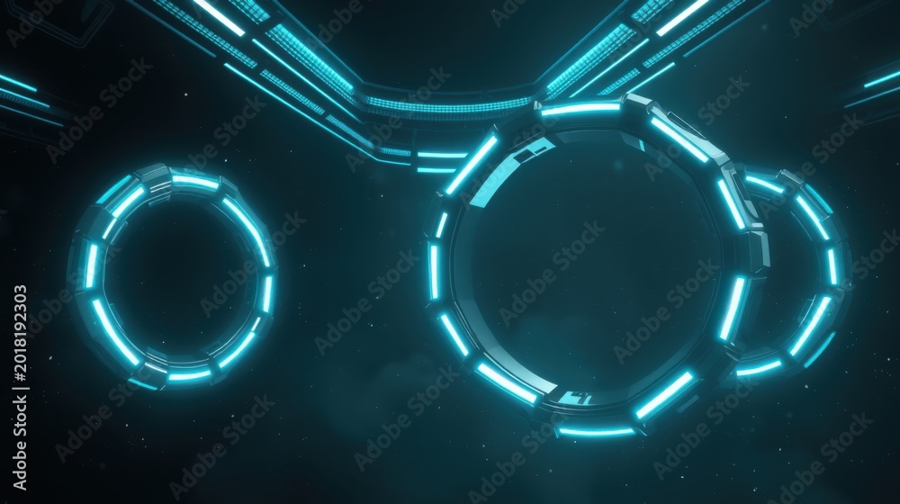 Fototapeta premium Futuristic interior design. Bright cyan lights illuminate dark metallic structures. Circular elements dominate composition, creating depth. Minimalist aesthetic.