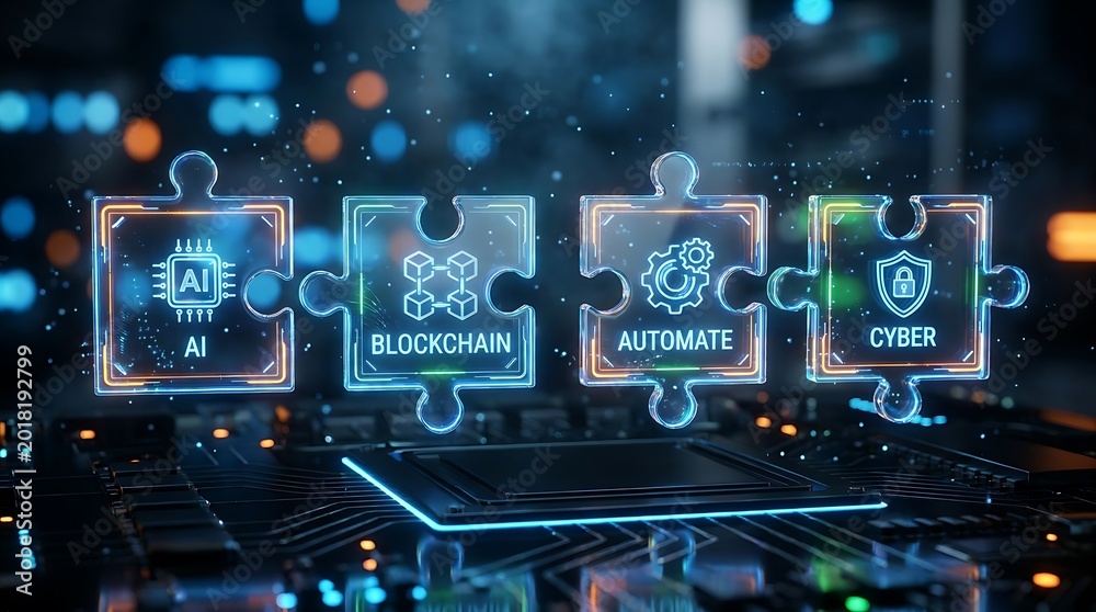 Fototapeta premium Integrated Digital Transformation: AI, Blockchain, Automation, and Cybersecurity Puzzle Pieces Connecting on Circuit Board
