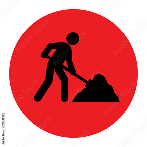 Red circular construction icon, roadwork traffic warning sign, street repair symbol illustration