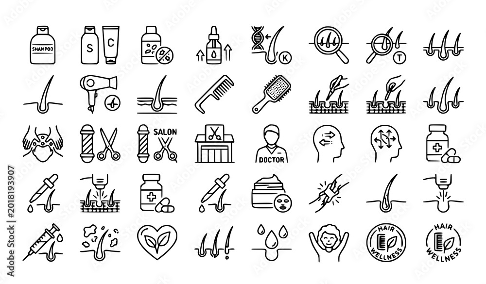 Fototapeta premium Hair care and beauty salon line icons, scalp treatment, comb, and hair follicles symbols.