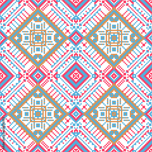 Geometric Pixel Art Folk Pattern with Tribal Diamond Motifs