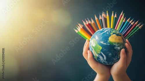 Hands holding a globe with colored pencils